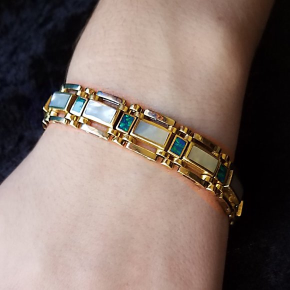 14K Gold Bracelet Ammolite and Mother of Pearl - Picture 5 of 9